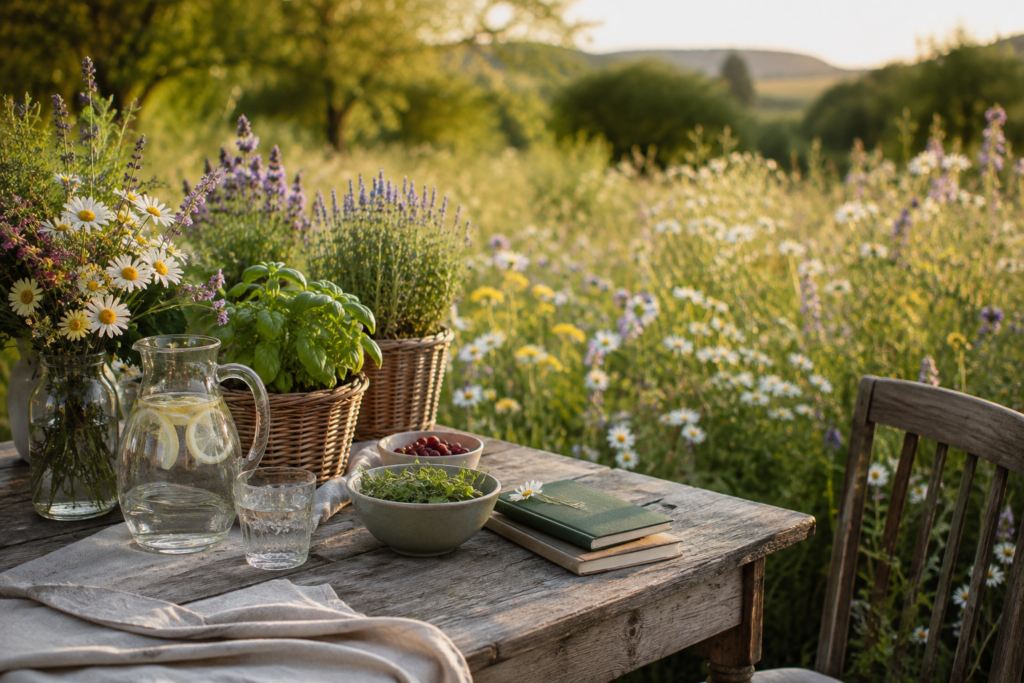 Holztisch mit frischen Kräutern, Wildblumen und Zitronenwasser vor einer sommerlichen Wildblumenwiese.