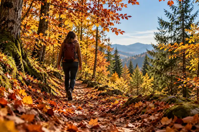 Frau wandert auf einem herbstlichen Waldweg durch buntes Laub