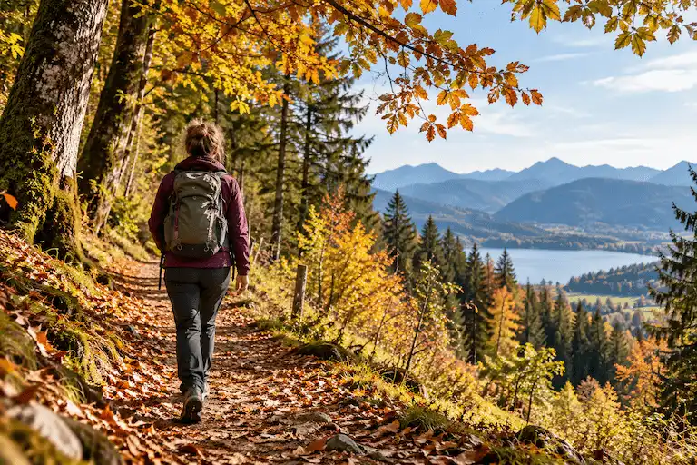 Frau auf einem leichten Wanderweg im Herbst
