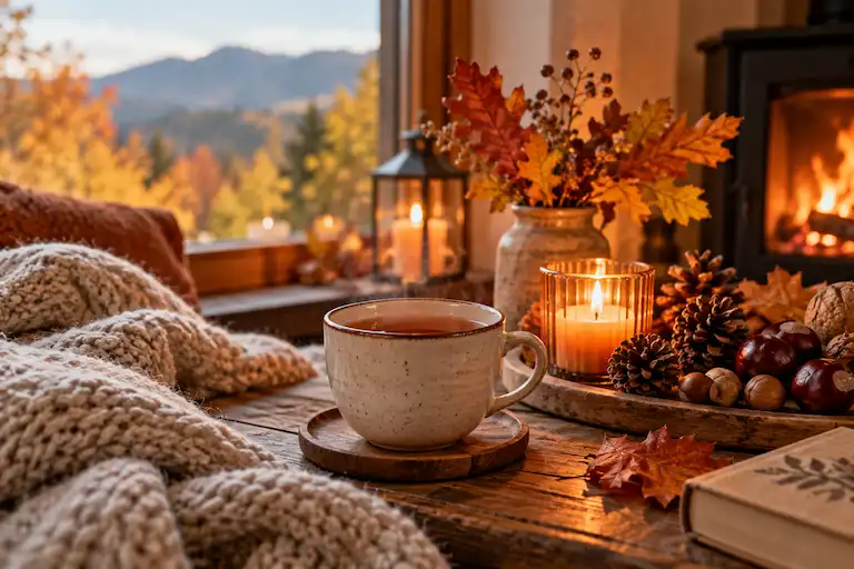 Tasse Tee mit Kerzen, Decke und herbstlicher Dekoration am Kamin