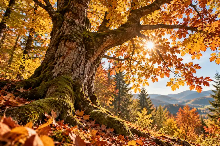 Großer alter Baum mit buntem Herbstlaub im sonnigen Wald
