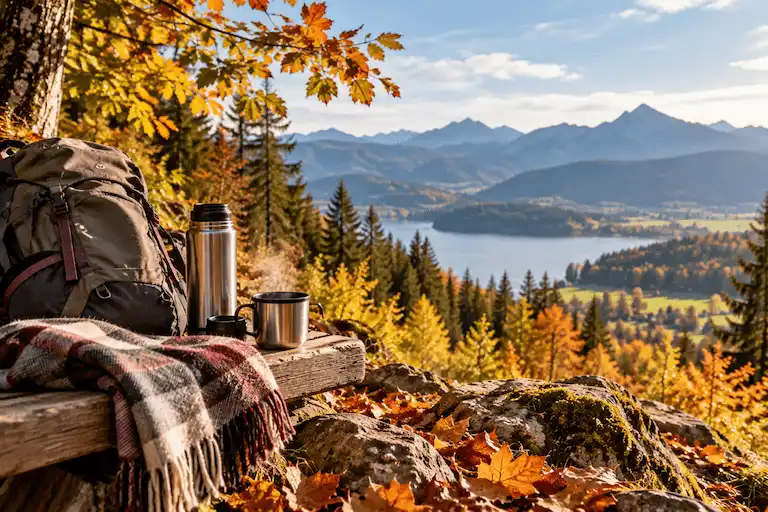 Pause beim Wandern im Herbst mit warmem Tee in der Natur