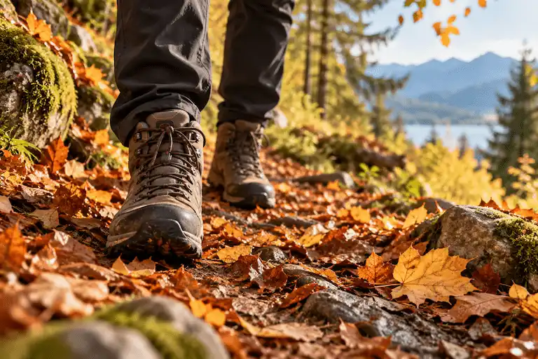 Wanderschuhe auf einem herbstlichen Waldweg